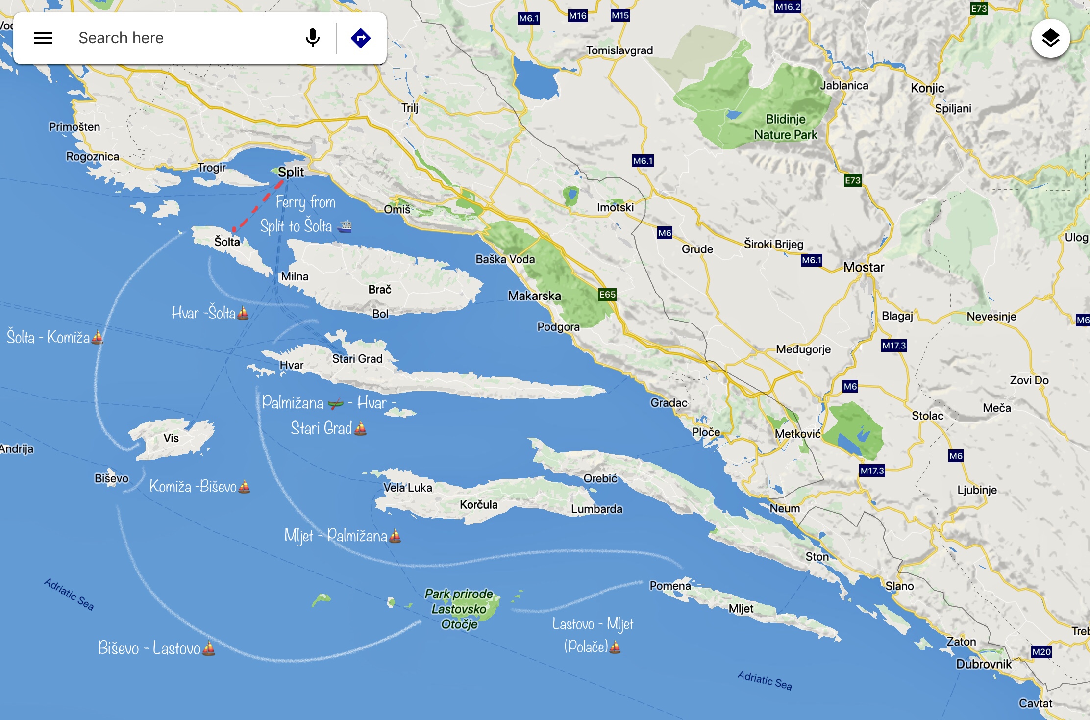 Croatia island hopping ferry routes map of the Adriatic
