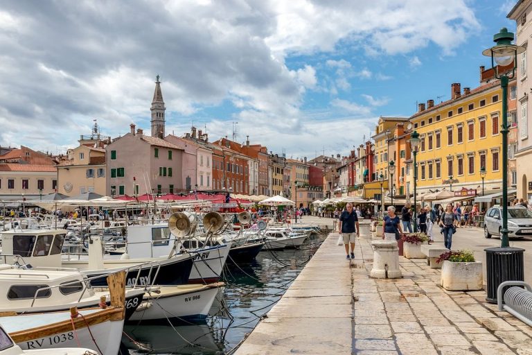 Rovinj old town harbour and the St. Euphemia bell tower