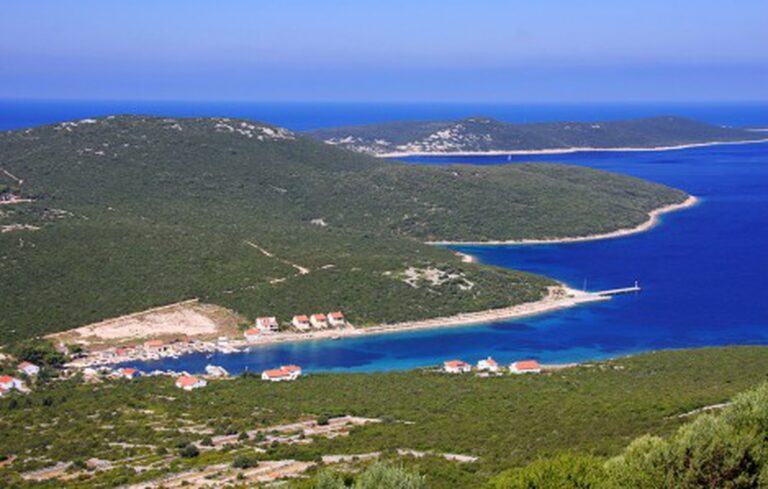 A scenic view of a Croatian island with lush green hills, a blue sea, and a small harbor with buildings, Škarda (Dalmatia)
