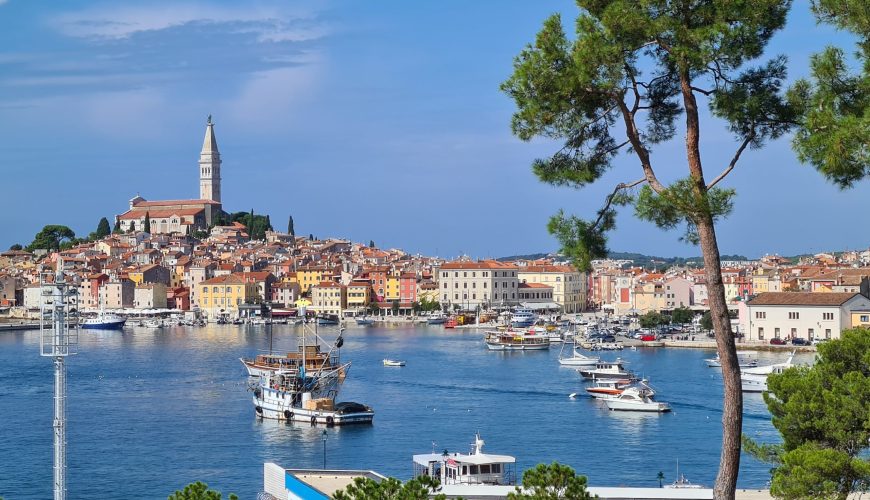 old town harbor with boats and church, Rovinj old town